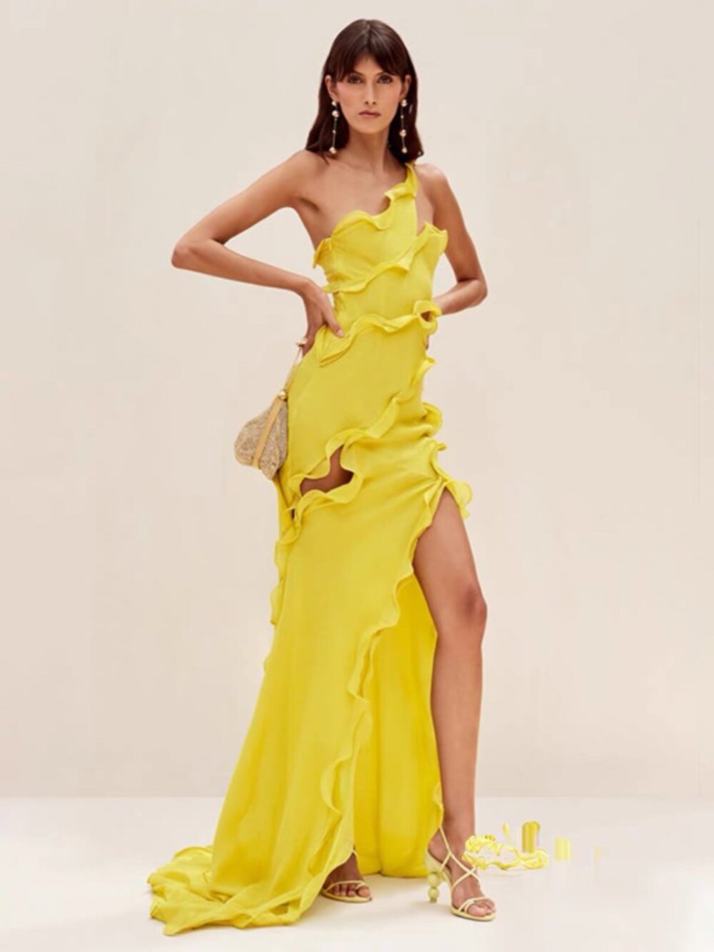 Twotwinstyle Yellow One-Shoulder Ruffle Maxi Dress